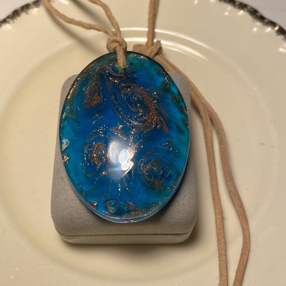 π Tara Designs Large aqua Lamp work oval shaped glass bead copper foil lined. - Picture 1 of 4